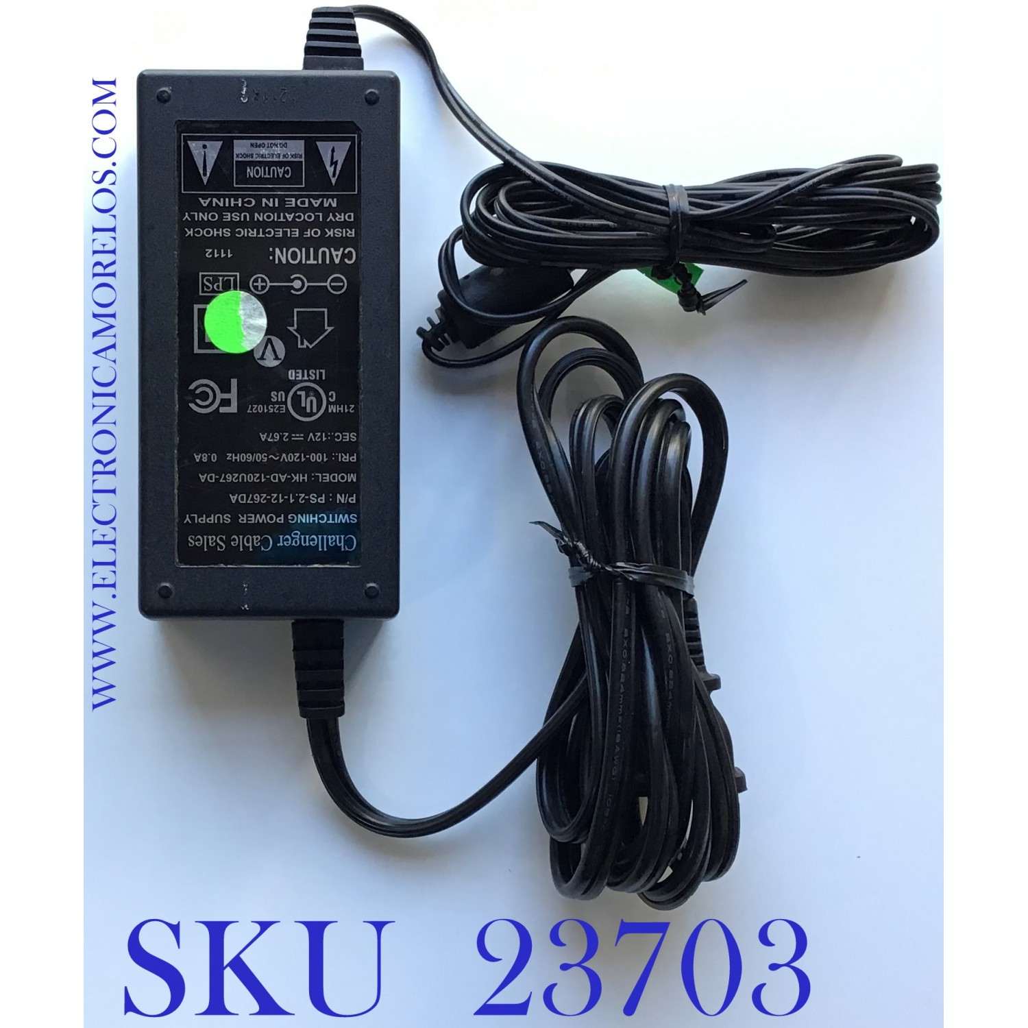 ADAPTADOR CHALLENGER / SWITCHING POWER SUPPLY  /  NUMERO DE PARTE  PS-2.1-12-267DA / ENTRADA VCA  100-120V /  SALIDA VCD 12V - 2.67A / 50/60Hz / MODELO HK-AD-120U267-DA	